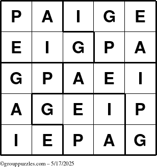 The grouppuzzles.com Answer grid for the Paige puzzle for Saturday May 17, 2025