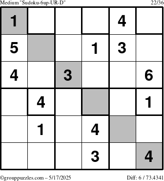 The grouppuzzles.com Medium Sudoku-6up-UR-D puzzle for Saturday May 17, 2025