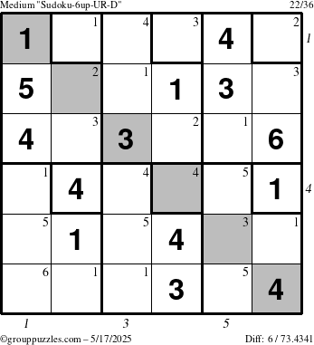 The grouppuzzles.com Medium Sudoku-6up-UR-D puzzle for Saturday May 17, 2025 with all 6 steps marked