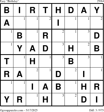 The grouppuzzles.com Easy Birthday puzzle for Saturday May 17, 2025 with the first 3 steps marked