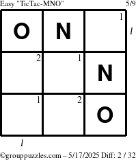 The grouppuzzles.com Easy TicTac-MNO puzzle for Saturday May 17, 2025, suitable for printing, with all 2 steps marked