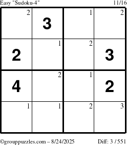The grouppuzzles.com Easy Sudoku-4 puzzle for Sunday August 24, 2025 with the first 3 steps marked