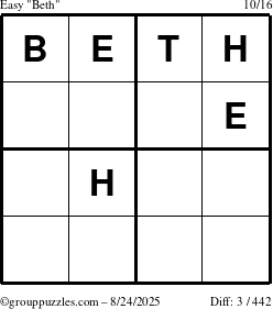 The grouppuzzles.com Easy Beth puzzle for Sunday August 24, 2025