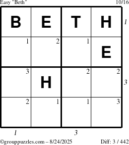 The grouppuzzles.com Easy Beth puzzle for Sunday August 24, 2025 with all 3 steps marked