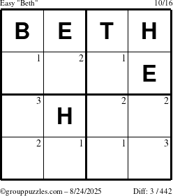 The grouppuzzles.com Easy Beth puzzle for Sunday August 24, 2025 with the first 3 steps marked