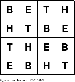 The grouppuzzles.com Answer grid for the Beth puzzle for Sunday August 24, 2025