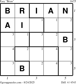 The grouppuzzles.com Easy Brian puzzle for Sunday August 24, 2025 with all 4 steps marked