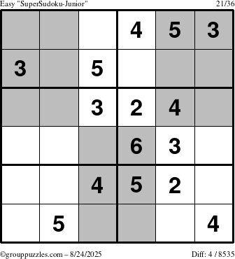 The grouppuzzles.com Easy SuperSudoku-Junior puzzle for Sunday August 24, 2025