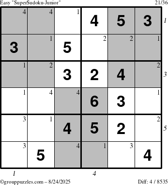The grouppuzzles.com Easy SuperSudoku-Junior puzzle for Sunday August 24, 2025 with all 4 steps marked