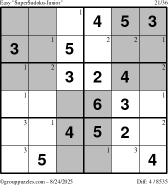 The grouppuzzles.com Easy SuperSudoku-Junior puzzle for Sunday August 24, 2025 with the first 3 steps marked