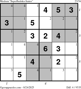 The grouppuzzles.com Medium SuperSudoku-Junior puzzle for Sunday August 24, 2025 with all 4 steps marked