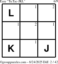 The grouppuzzles.com Easy TicTac-JKL puzzle for Sunday August 24, 2025 with the first 2 steps marked