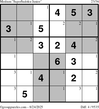 The grouppuzzles.com Medium SuperSudoku-Junior puzzle for Sunday August 24, 2025 with the first 3 steps marked
