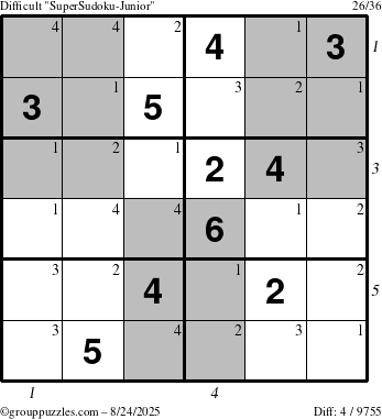 The grouppuzzles.com Difficult SuperSudoku-Junior puzzle for Sunday August 24, 2025 with all 4 steps marked