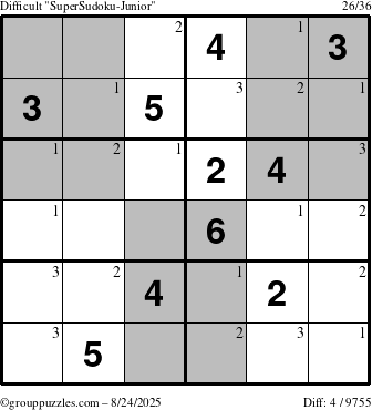The grouppuzzles.com Difficult SuperSudoku-Junior puzzle for Sunday August 24, 2025 with the first 3 steps marked