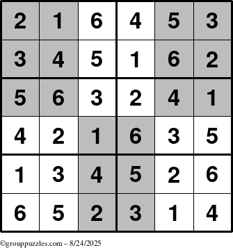 The grouppuzzles.com Answer grid for the SuperSudoku-Junior puzzle for Sunday August 24, 2025