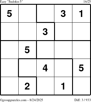 The grouppuzzles.com Easy Sudoku-5 puzzle for Sunday August 24, 2025
