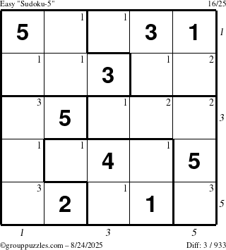 The grouppuzzles.com Easy Sudoku-5 puzzle for Sunday August 24, 2025 with all 3 steps marked