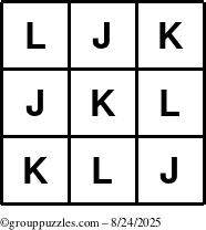 The grouppuzzles.com Answer grid for the TicTac-JKL puzzle for Sunday August 24, 2025