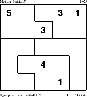 The grouppuzzles.com Medium Sudoku-5 puzzle for Sunday August 24, 2025