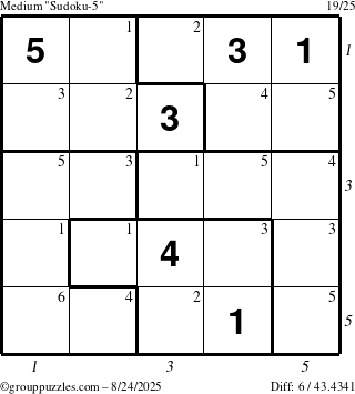 The grouppuzzles.com Medium Sudoku-5 puzzle for Sunday August 24, 2025 with all 6 steps marked