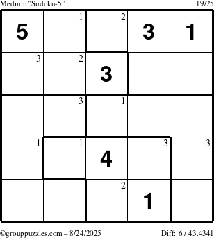 The grouppuzzles.com Medium Sudoku-5 puzzle for Sunday August 24, 2025 with the first 3 steps marked