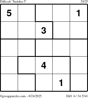 The grouppuzzles.com Difficult Sudoku-5 puzzle for Sunday August 24, 2025