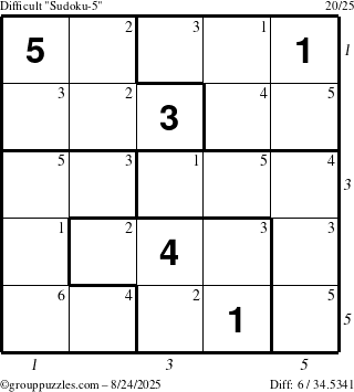 The grouppuzzles.com Difficult Sudoku-5 puzzle for Sunday August 24, 2025 with all 6 steps marked