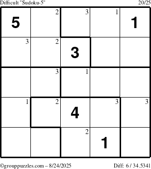 The grouppuzzles.com Difficult Sudoku-5 puzzle for Sunday August 24, 2025 with the first 3 steps marked