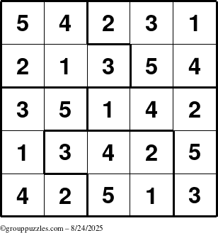 The grouppuzzles.com Answer grid for the Sudoku-5 puzzle for Sunday August 24, 2025