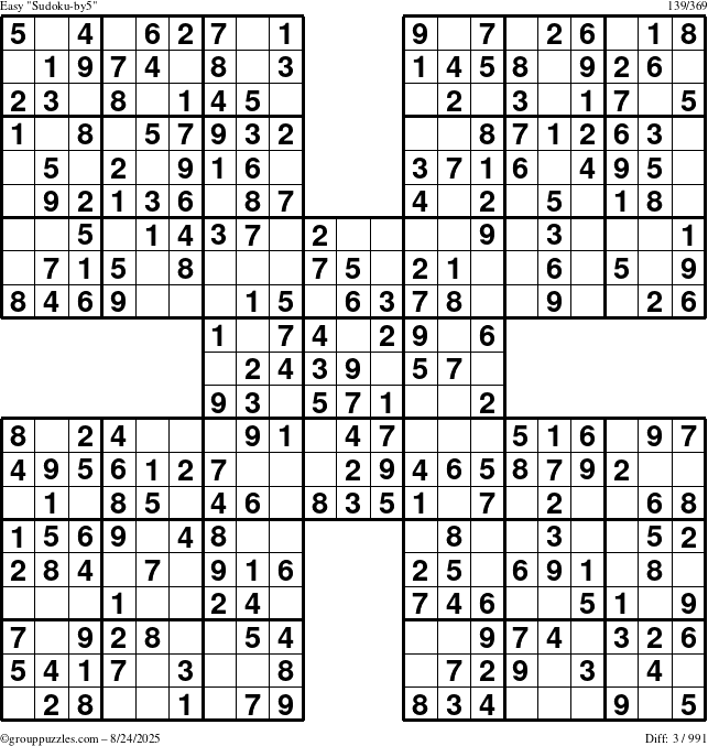 The grouppuzzles.com Easy Sudoku-by5 puzzle for Sunday August 24, 2025
