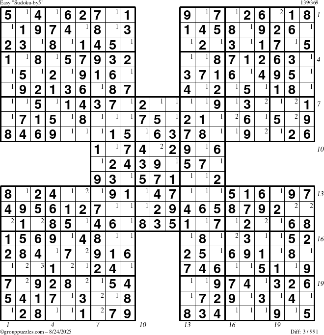 The grouppuzzles.com Easy Sudoku-by5 puzzle for Sunday August 24, 2025 with all 3 steps marked
