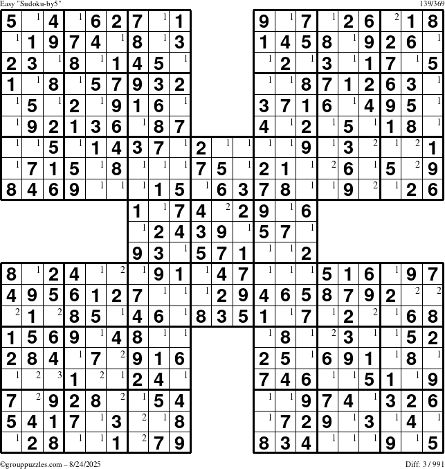 The grouppuzzles.com Easy Sudoku-by5 puzzle for Sunday August 24, 2025 with the first 3 steps marked