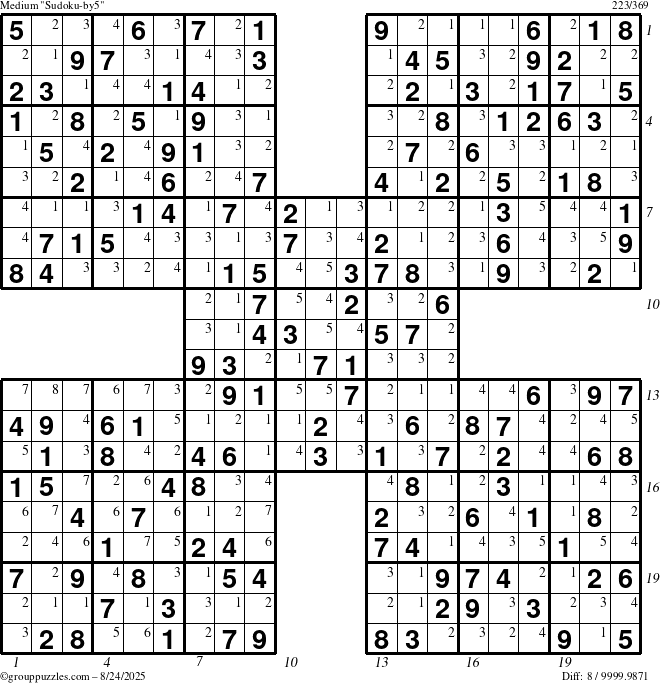 The grouppuzzles.com Medium Sudoku-by5 puzzle for Sunday August 24, 2025 with all 8 steps marked