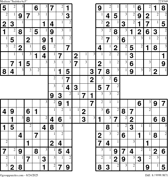 The grouppuzzles.com Medium Sudoku-by5 puzzle for Sunday August 24, 2025 with the first 3 steps marked