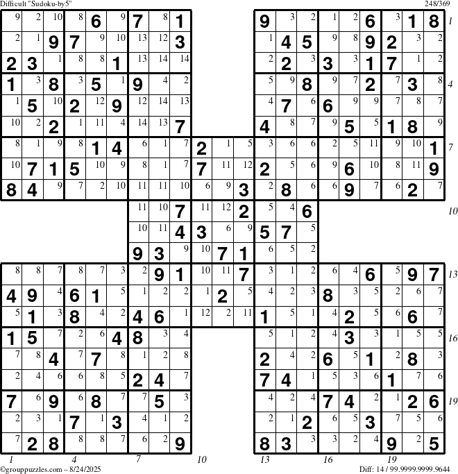 The grouppuzzles.com Difficult Sudoku-by5 puzzle for Sunday August 24, 2025 with all 14 steps marked