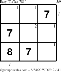 The grouppuzzles.com Easy TicTac-789 puzzle for Sunday August 24, 2025 with all 2 steps marked