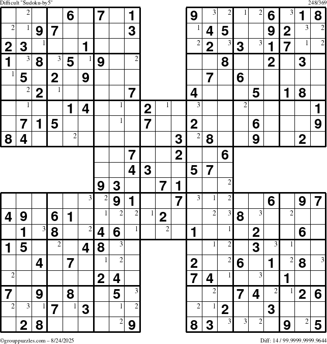 The grouppuzzles.com Difficult Sudoku-by5 puzzle for Sunday August 24, 2025 with the first 3 steps marked