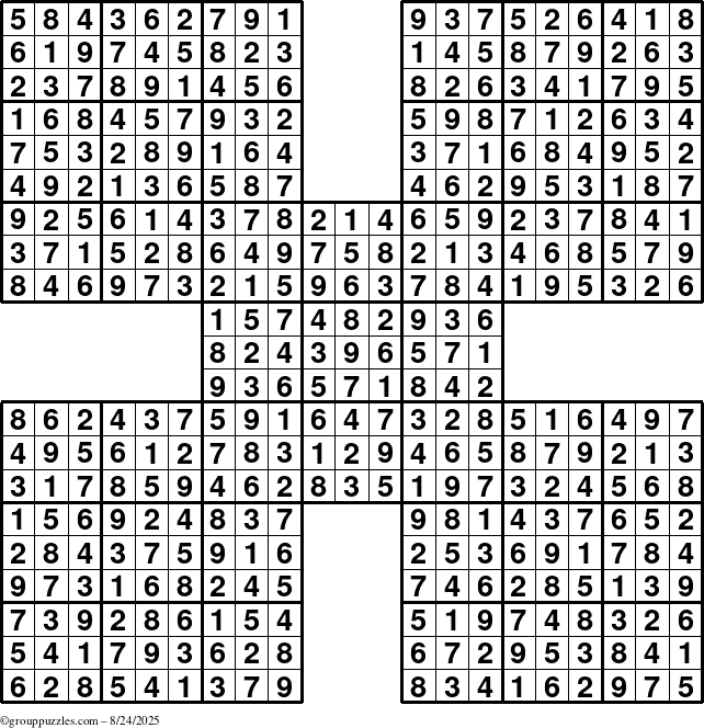 The grouppuzzles.com Answer grid for the Sudoku-by5 puzzle for Sunday August 24, 2025