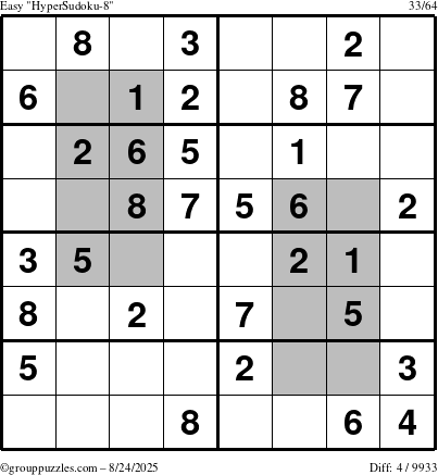 The grouppuzzles.com Easy HyperSudoku-8 puzzle for Sunday August 24, 2025