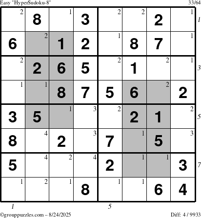 The grouppuzzles.com Easy HyperSudoku-8 puzzle for Sunday August 24, 2025 with all 4 steps marked