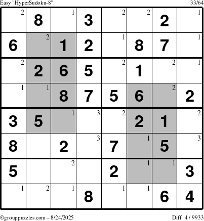 The grouppuzzles.com Easy HyperSudoku-8 puzzle for Sunday August 24, 2025 with the first 3 steps marked