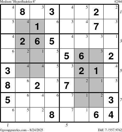 The grouppuzzles.com Medium HyperSudoku-8 puzzle for Sunday August 24, 2025, suitable for printing, with all 7 steps marked