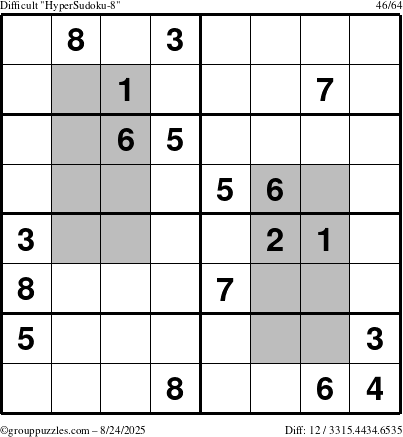 The grouppuzzles.com Difficult HyperSudoku-8 puzzle for Sunday August 24, 2025