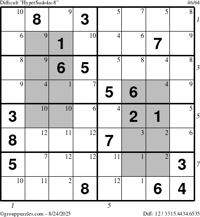 The grouppuzzles.com Difficult HyperSudoku-8 puzzle for Sunday August 24, 2025, suitable for printing, with all 12 steps marked