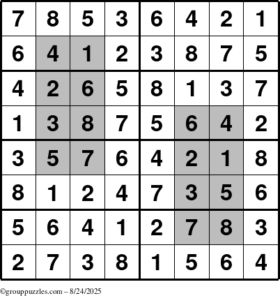 The grouppuzzles.com Answer grid for the HyperSudoku-8 puzzle for Sunday August 24, 2025
