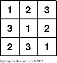 The grouppuzzles.com Answer grid for the TicTac-123 puzzle for Tuesday June 3, 2025