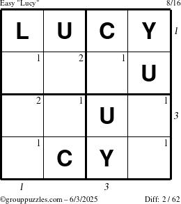 The grouppuzzles.com Easy Lucy puzzle for Tuesday June 3, 2025 with all 2 steps marked