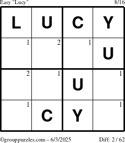 The grouppuzzles.com Easy Lucy puzzle for Tuesday June 3, 2025 with the first 2 steps marked