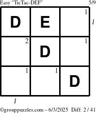 The grouppuzzles.com Easy TicTac-DEF puzzle for Tuesday June 3, 2025 with all 2 steps marked